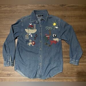 Vintage Ladies Denim Button Down Noah’s Ark Patchwork shirt- small